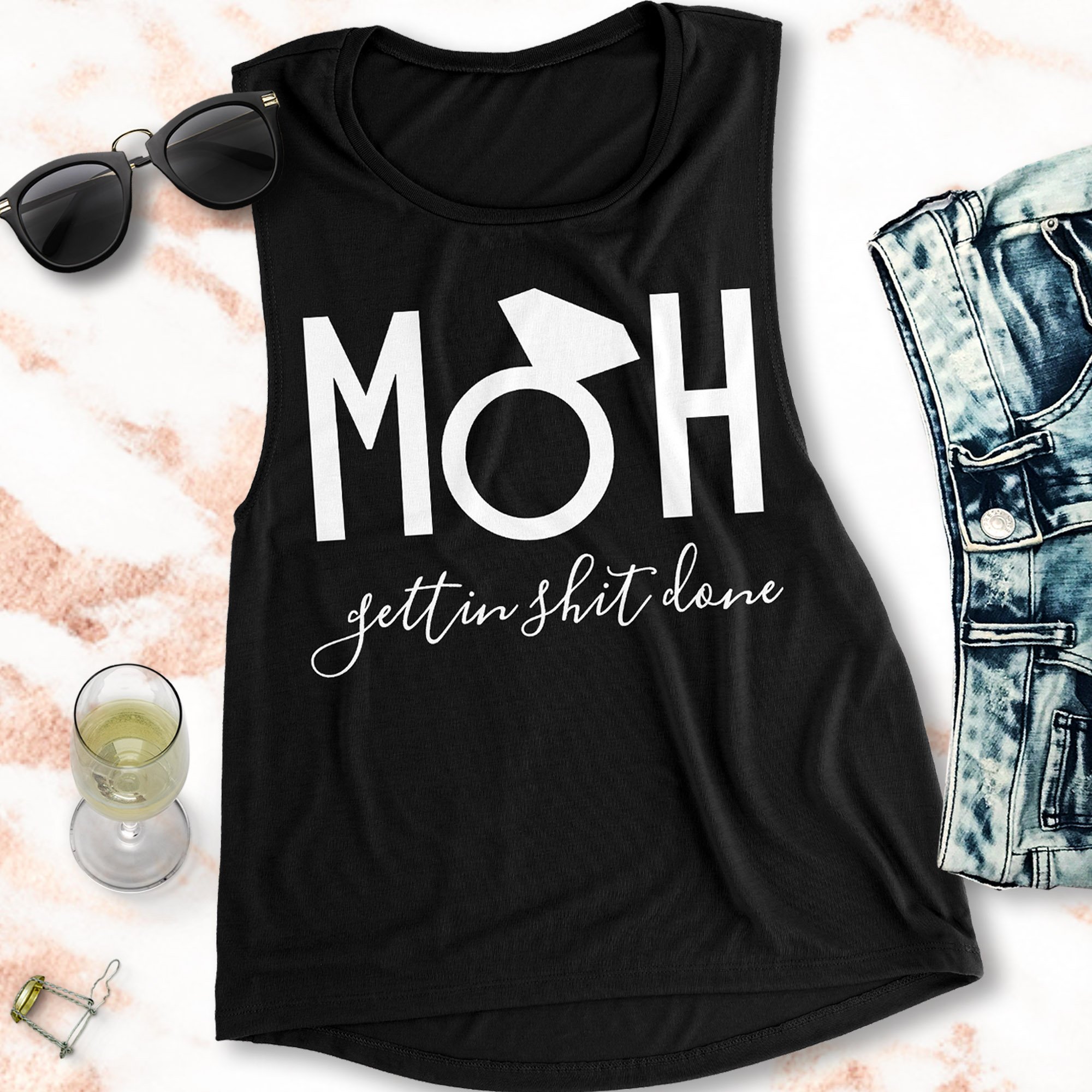 MOH Maid of Honor Gettin $hit Done Muscle Tank Top in black, peach, and sea foam colors, showcasing its stylish design and comfortable fit.